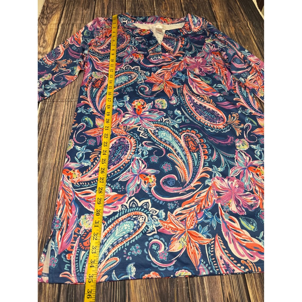 Stella Parker Dress Womens L Navy Paisley Floral Split Neck 3/4 Sleeve Shift - Picture 4 of 14